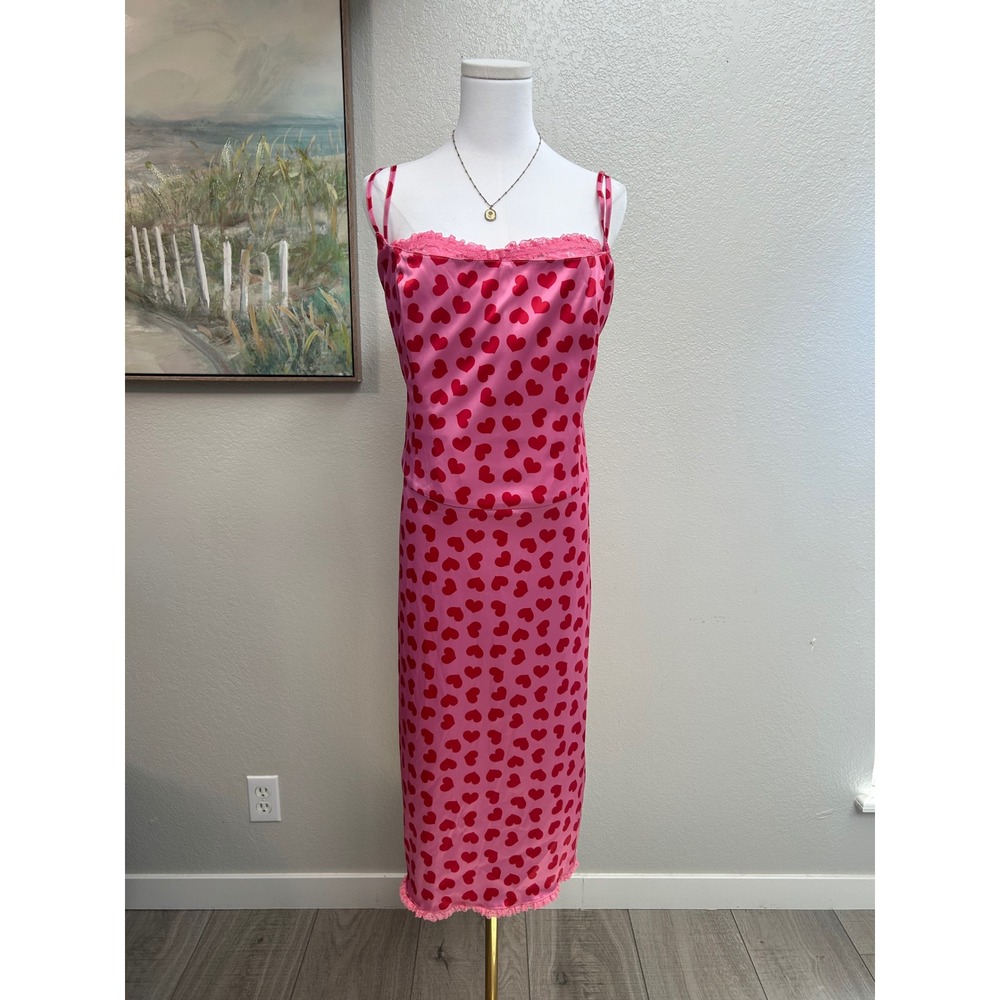 Sugar Thrillz Pink Heart Print Satin Midi Dress XXL Lace Up Corset Back - Picture 4 of 11